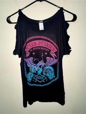 NWT "Speed Junkies Hi-Speed Motors Rider" Sequined Top with Open Shoulders